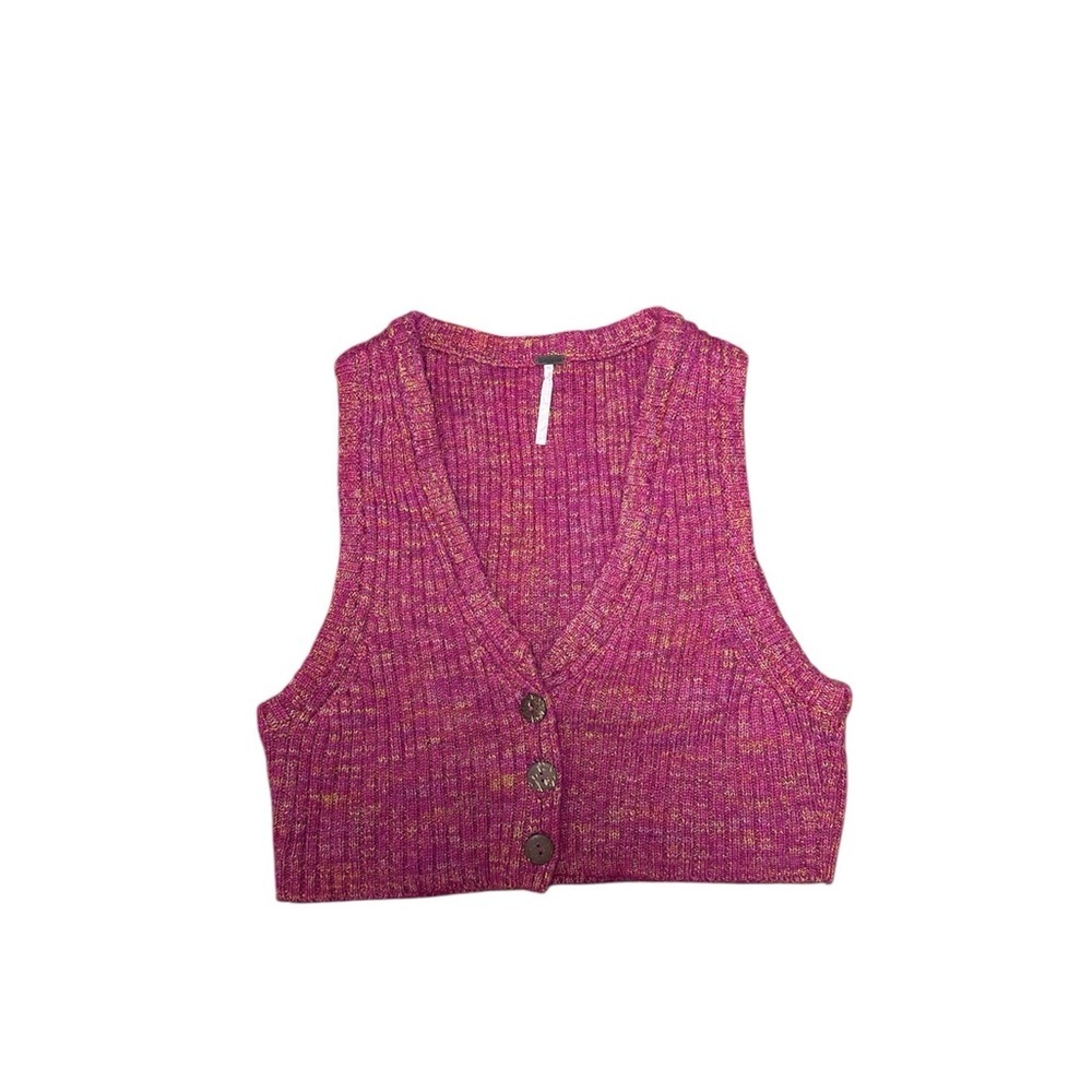 Free‎ People Pink Space Dye Ribbed Cropped Sweater Vest V-Neck Button Front Boho